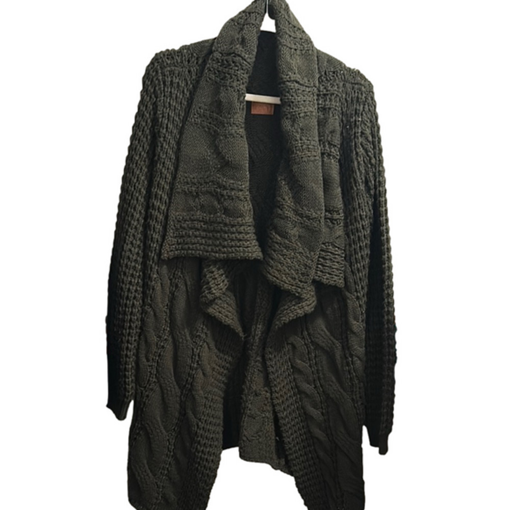 POL Green Cable Knit Cardigan with Shawl Collar